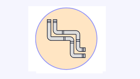 Illustration of interconnected pipes forming a network inside a circle with a soft orange background.